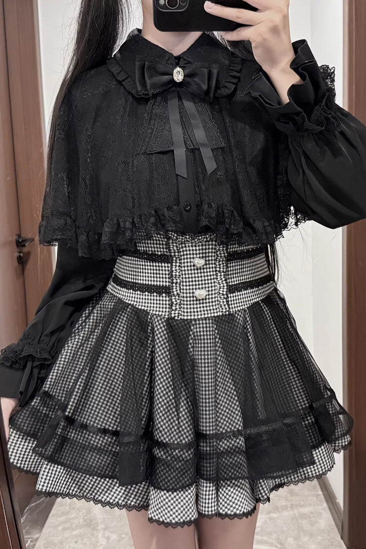 [Law of Disorder] Lapel Collar Long Sleeves Bow Lace Sweet Jirai Kei Skirt and Top 3 Colors - Top(Black) - 5