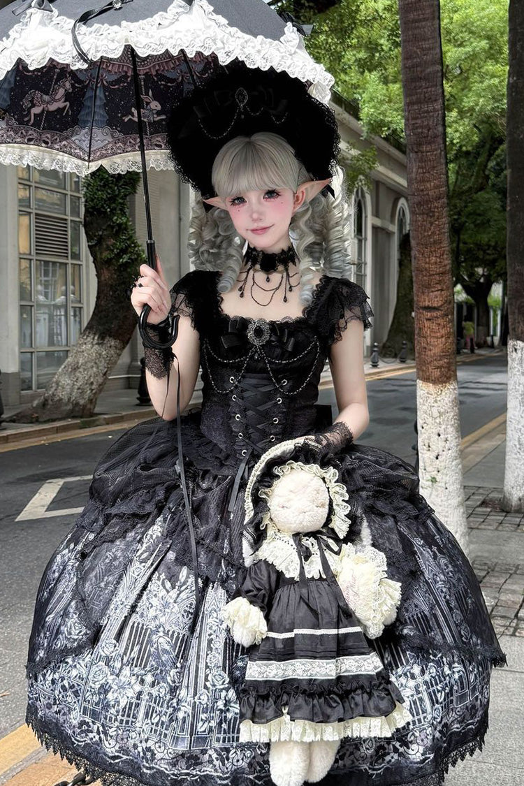 Black [Sacred Thorn Feather Relic] Square Collar Short Sleeves Printed Ruffled Open-Front Bow Lace Gothic Lolita Dress - Product - 5