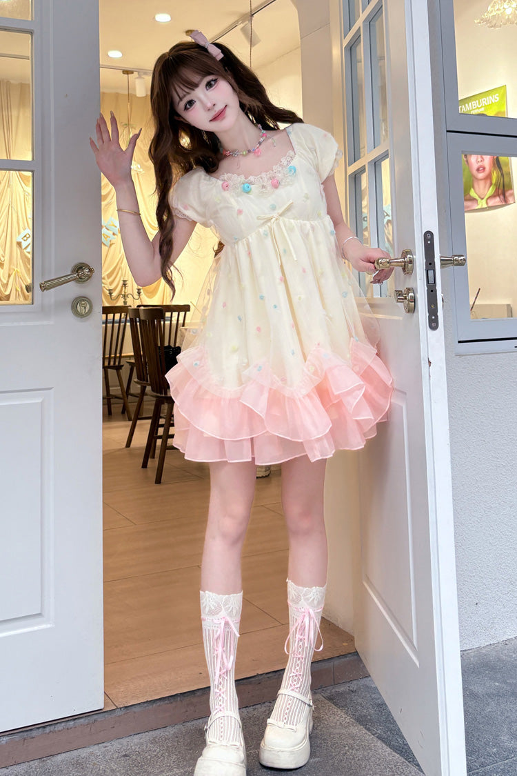 Apricot/Pink [Bubble Lover] Short Puff Sleeves Multi-Layered Ruffle Lace Sweet Princess Lolita Dress - Product - 3