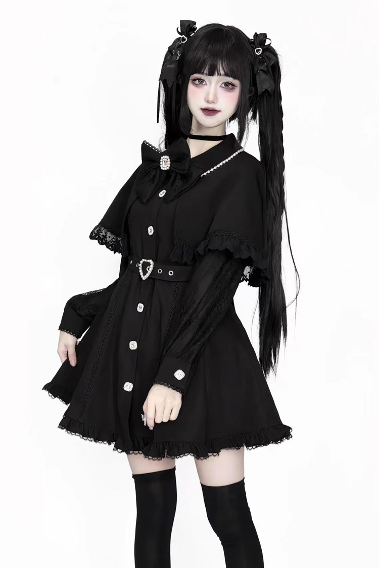 Black Long Sleeves Removable Cape Ruffle Lace Gothic Jirai Kei Elegant Dress - Product - 2