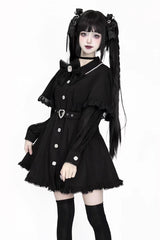 Black Long Sleeves Removable Cape Ruffle Lace Gothic Jirai Kei Elegant Dress - Product - 2