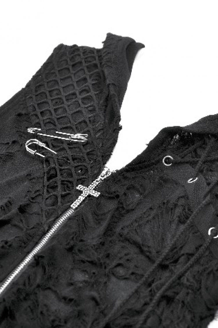Black Sleeveless Mesh Ripped Asymmetric Zippered Eyelet Women's Punk Hooded Top - Product - 13