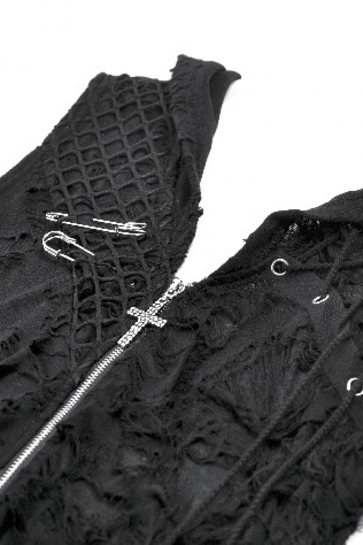 Black Sleeveless Mesh Ripped Asymmetric Zippered Eyelet Women's Punk Hooded Top - Product - 13