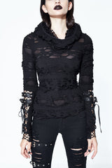 Black Hooded Ripped Finger Covered Splice Mesh Leather Loop Lace Up Women's Punk Shirt - Product - 1