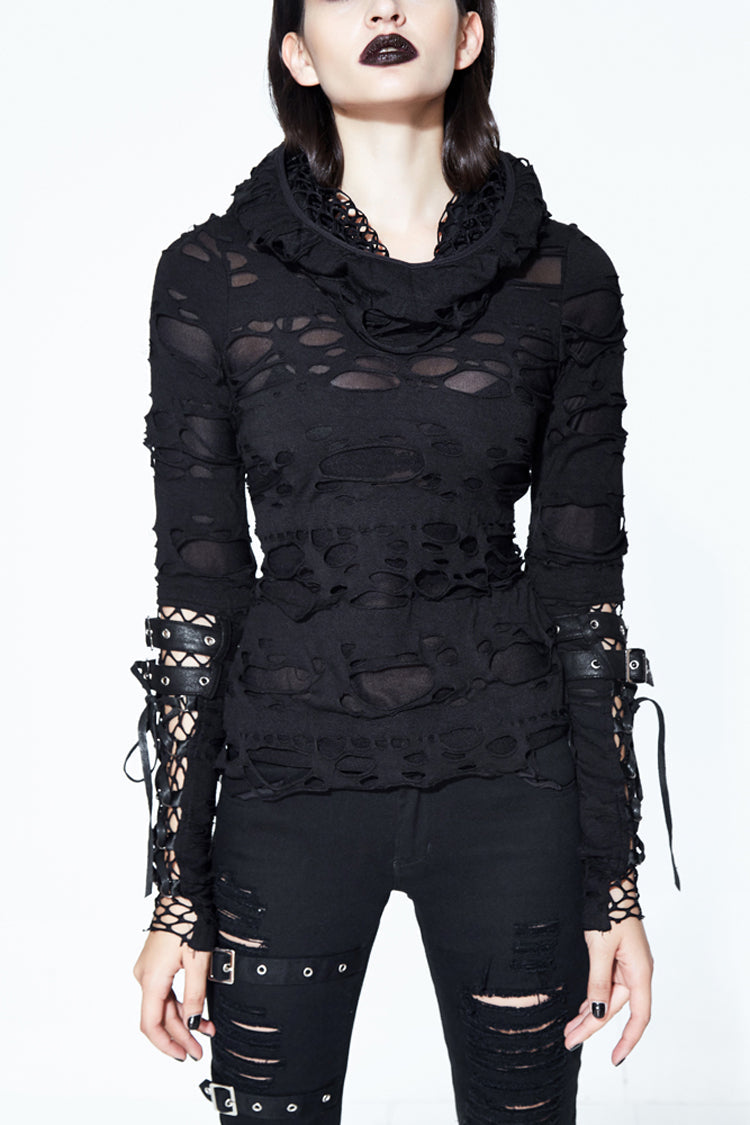 Black Hooded Ripped Finger Covered Splice Mesh Leather Loop Lace Up Women's Punk Shirt - Product - 1