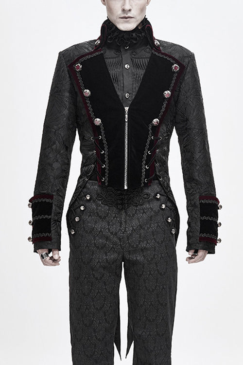Black Jacquard Floral Pattern Velveteen Swallowtail Mens Gothic Coat - Black - 1