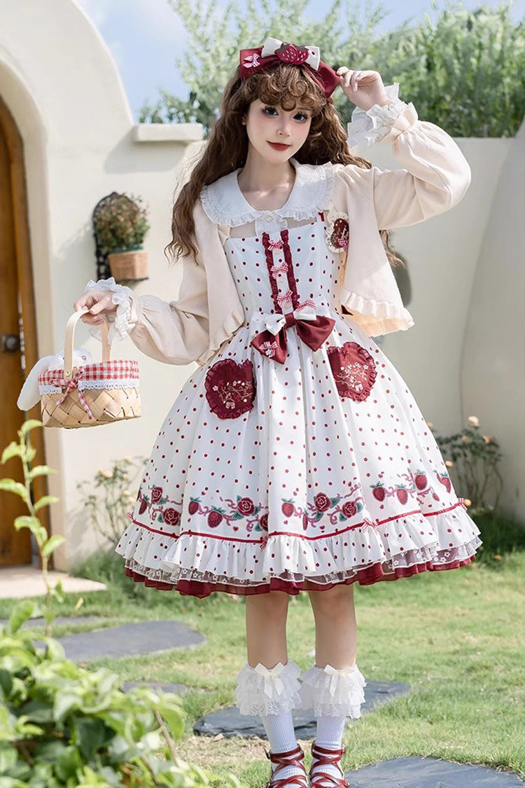 White [Strawberry Diary] Print Ruffle Bowknot Sweet Lolita Jsk Dress - White - 1