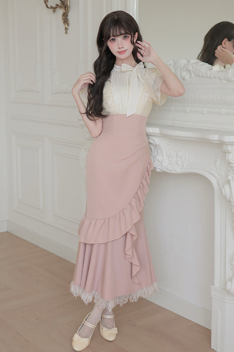 White/Pink Round Collar Short Sleeves Ruffled Bow Lace Color-Blocked Boned Sweet Lolita Dress 2 Versions - Product - 21
