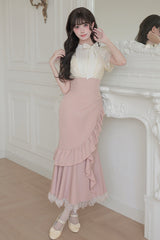 White/Pink Round Collar Short Sleeves Ruffled Bow Lace Color-Blocked Boned Sweet Lolita Dress 2 Versions - Product - 21