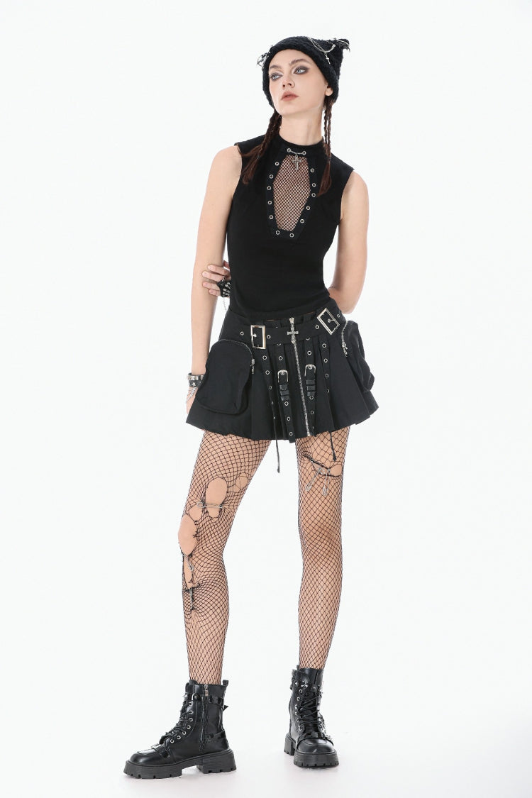 Black Women's Punk Cross Eyelet Cut-Out Coffin Mesh Splice Tank Top - Product - 9