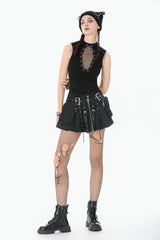 Black Women's Punk Cross Eyelet Cut-Out Coffin Mesh Splice Tank Top - Product - 9