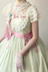 Green [Sakura’s Spring Resonance] Sleeveless Ruffled Bow Sweet Lolita Jsk Dress (Long Version) - Product - 3
