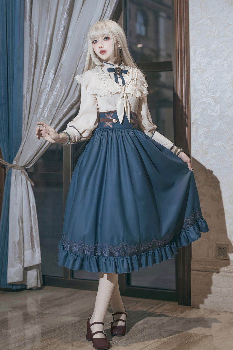 Blue Ruffle Embroidery Lace-Up Sweet College Style Elegant Lolita Skirt - Product - 10