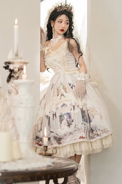 Beige Elegant Vintage Gorgeous Hymn Print High Waisted Sweet Lolita JSK Dress - Product - 3