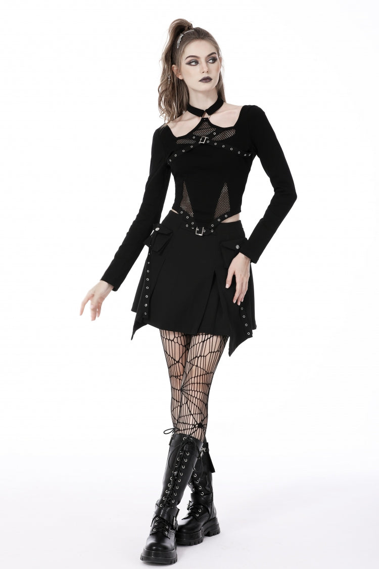 Black Halterneck Long Sleeves Eyelet Mesh Splice Women's Punk Crop Top - Product - 9