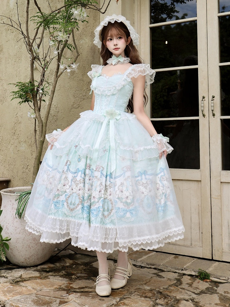 Mint green lily print Lolita dress back bow