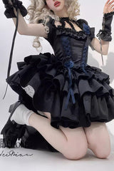 Black Halterneck Short Sleeves Multi-Layered Ruffle Bowknot Lace-Up Fishbone Gothic Lolita Dress - Product - 2