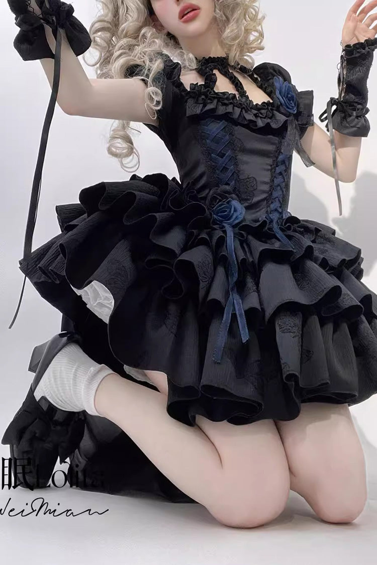 Black Halterneck Short Sleeves Multi-Layered Ruffle Bowknot Lace-Up Fishbone Gothic Lolita Dress - Product - 2
