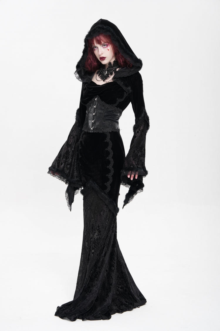 Black Long Trumpet Sleeves Embroidery Stitching Lace Hooded Mesh Women's Gothic Dress - Product - 12