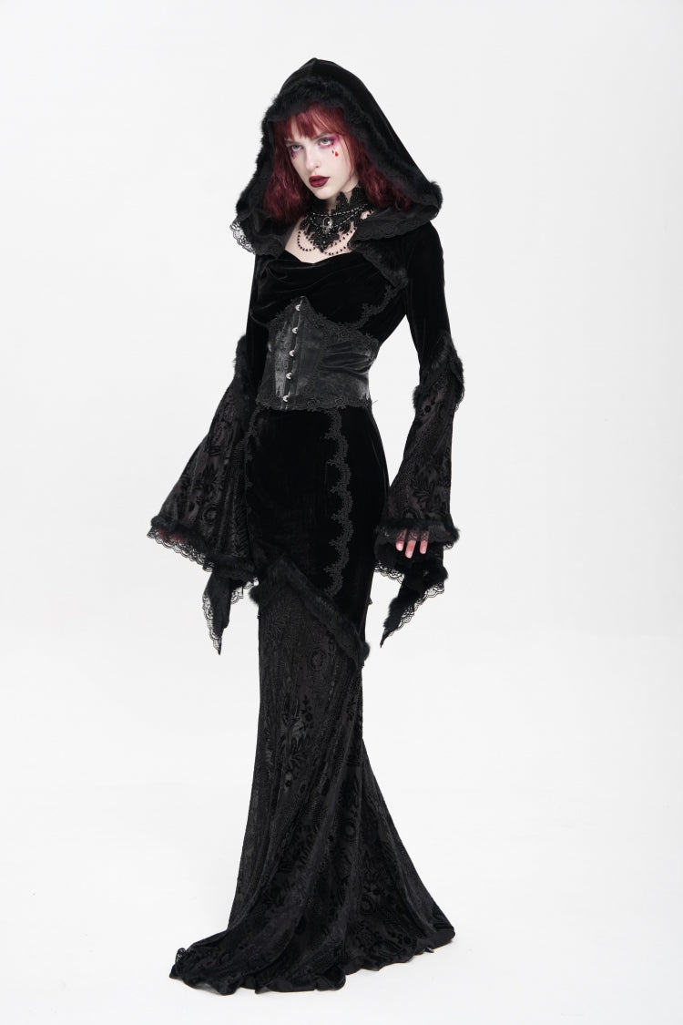 Black Long Trumpet Sleeves Embroidery Stitching Lace Hooded Mesh Women's Gothic Dress - Product - 12