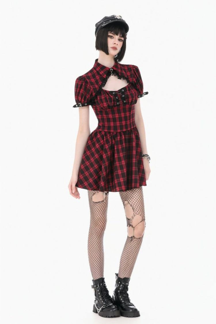 Black/Red Plaid Turn-Down Collar Cut-Out Short Sleeves Lace-Up Women's Punk Retro Mini Dress - Product - 8