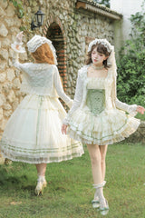 Green Square Collar Sleeveless Multi-Layered Ruffled Bow Lace Fishbone Sweet Lolita Jsk Dress 2 Versions - Product - 14