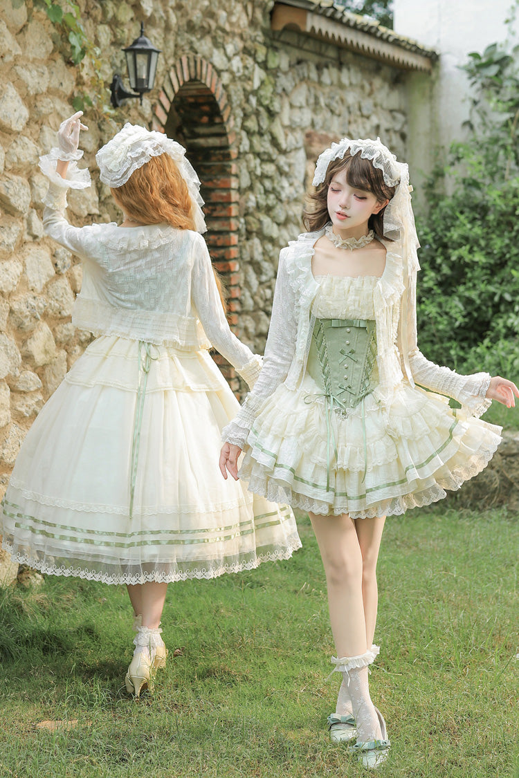 Green Square Collar Sleeveless Multi-Layered Ruffled Bow Lace Fishbone Sweet Lolita Jsk Dress 2 Versions - Product - 14