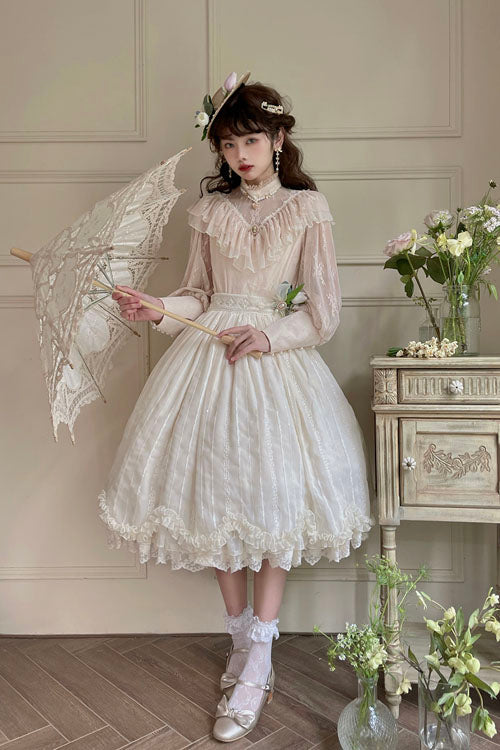 Ivory Elegant Vintage Tulip Multi-Layer Ruffled Classic Lolita Skirt Dress - Product - 2