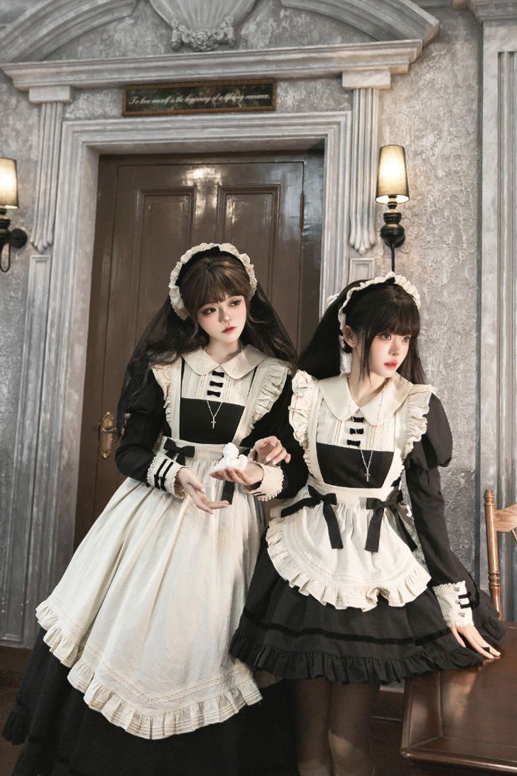 Black Maid Lapel Collar Short Sleeves Ruffle Sweet Classic Lolita Dress (Short or Long Version) - Black - 1