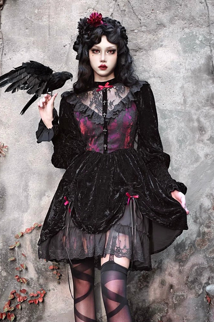Black/Red [Rose Cemetery] Long Puff Sleeves Hollow Lace Gothic Lolita Dress - Black/Red - 1