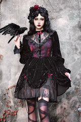 Black/Red [Rose Cemetery] Long Puff Sleeves Hollow Lace Gothic Lolita Dress - Black/Red - 1