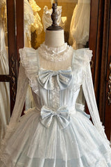 Blue [Aegean] Square Collar Flutter Sleeves Multi-Layered Ruffled Bow Sweet Lolita Jsk Dress Set - Product - 11