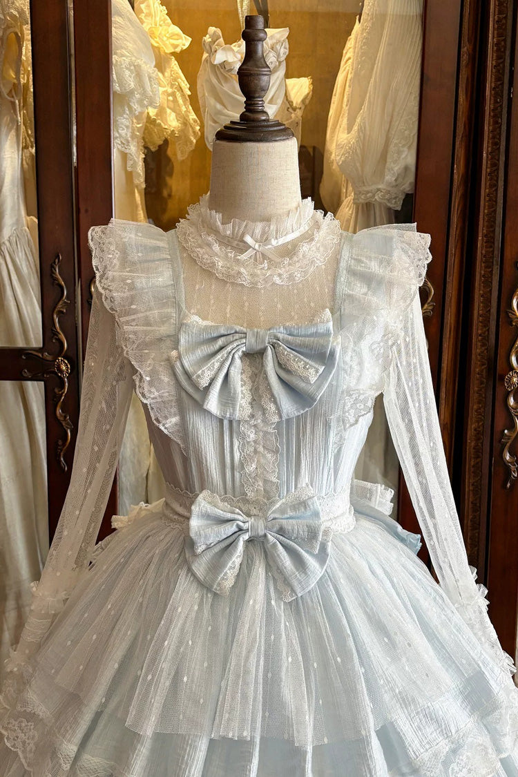 Blue [Aegean] Square Collar Flutter Sleeves Multi-Layered Ruffled Bow Sweet Lolita Jsk Dress Set - Product - 11