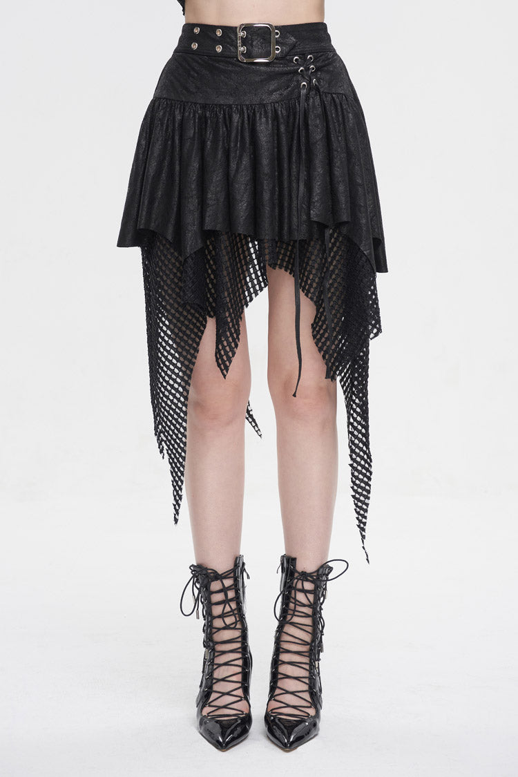 Black Lrregular Mesh Splice Buckle Women's Gothic Skirt - Black - 1