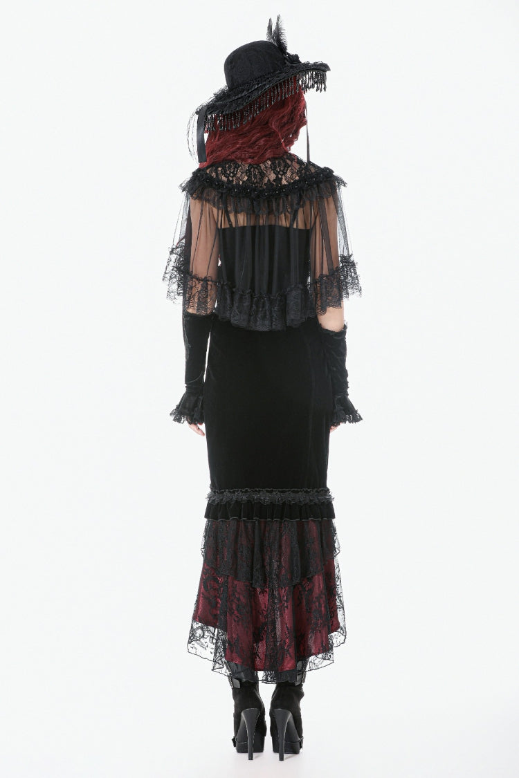 Black Sleeveless Ruffled Lace Spliced Mesh Women's Gothic Cape - Product - 13