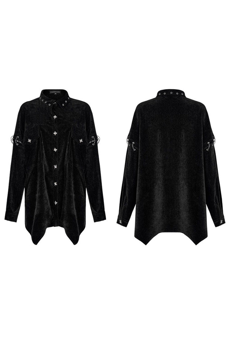 Black Punk Loose Velvet Two Way Split Detachable Long Sleeve Irregular Hem Long Pocket Women's Shirt - Product - 5