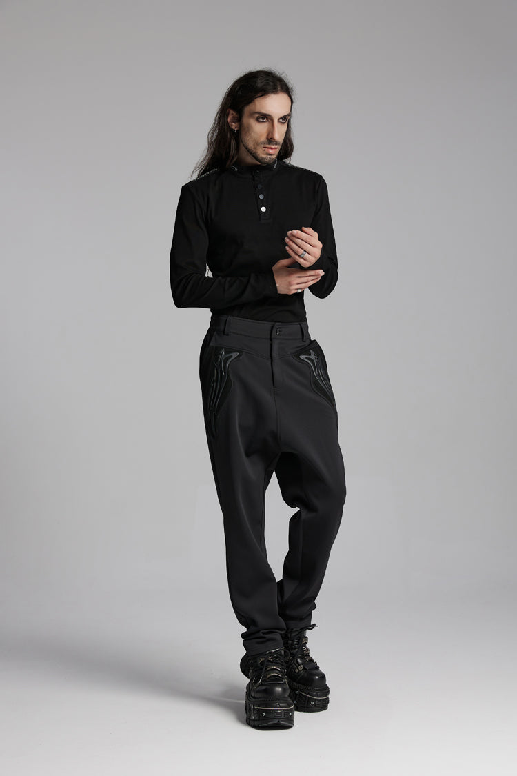 Black Stand Collar Long Sleeves Men's Punk Military T-Shirt - Product - 4