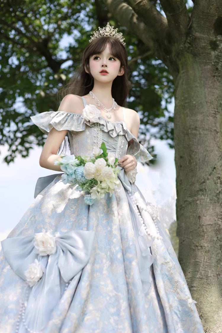 Off Shoulder Print Hanayome Embroidery Bowknot Sweet Princess Lolita Dress 2 Colors - Product - 11