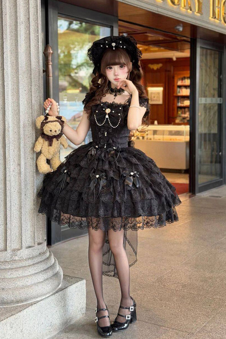 Black [Featherlight Slumber] Square Collar Sleeveless Multi-Layered Bow Lace Pearl-Decorated Gothic Lolita Jsk Dress - Product - 5