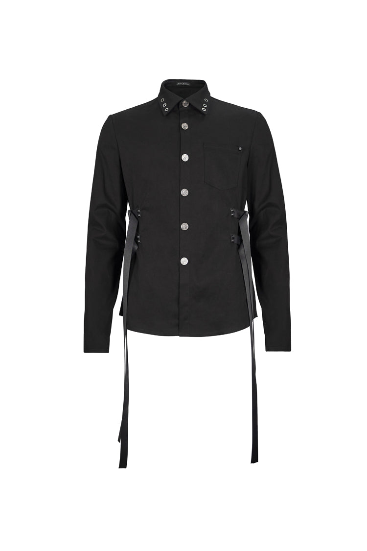 Black Nylon Strap Metal Buckle Decoration Long Sleeve Elasticity Men's Punk Shirt - Product - 7