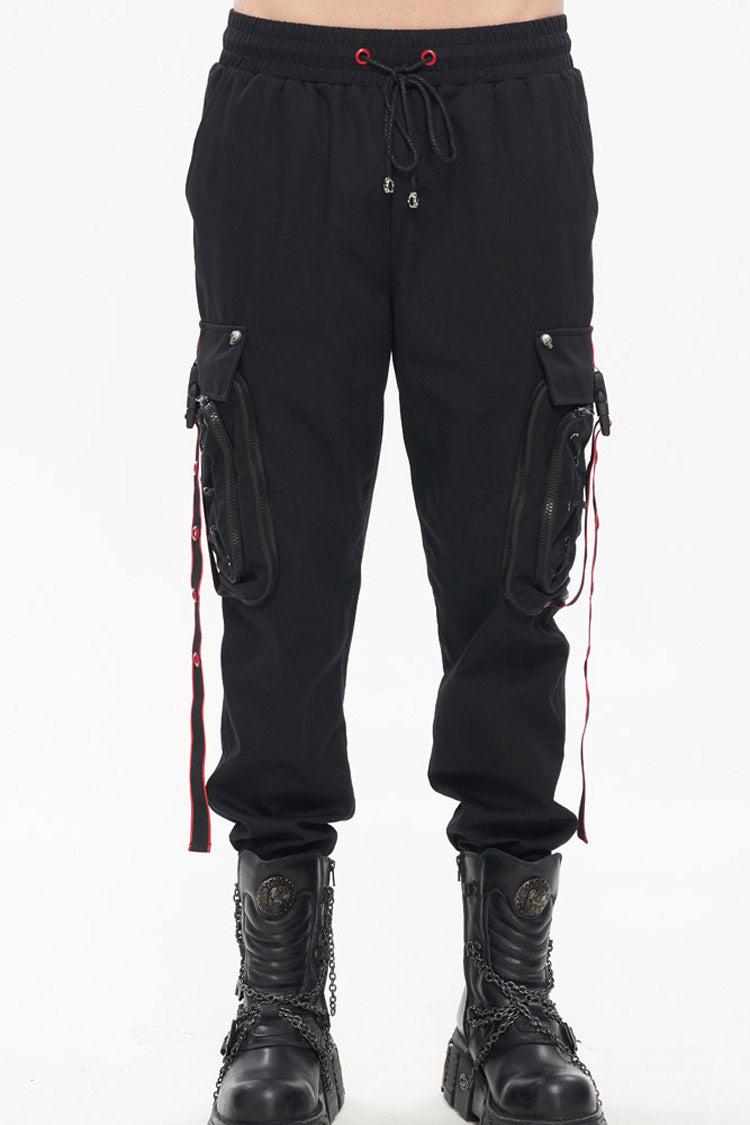Black Punk Multi Pocket Webbing Decorative Drawstring Men's Long Pants - Product - 11