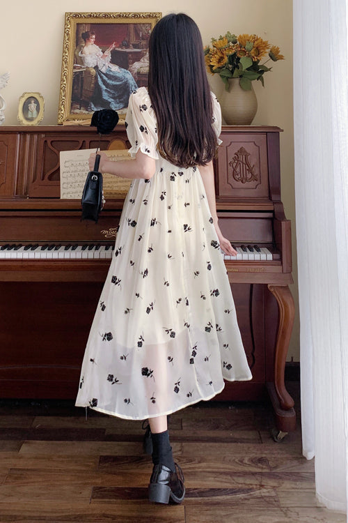 Beige French Square Collar Short Sleeves Rose Print Long Plus Size Sweet Lolita Dress - Product - 6