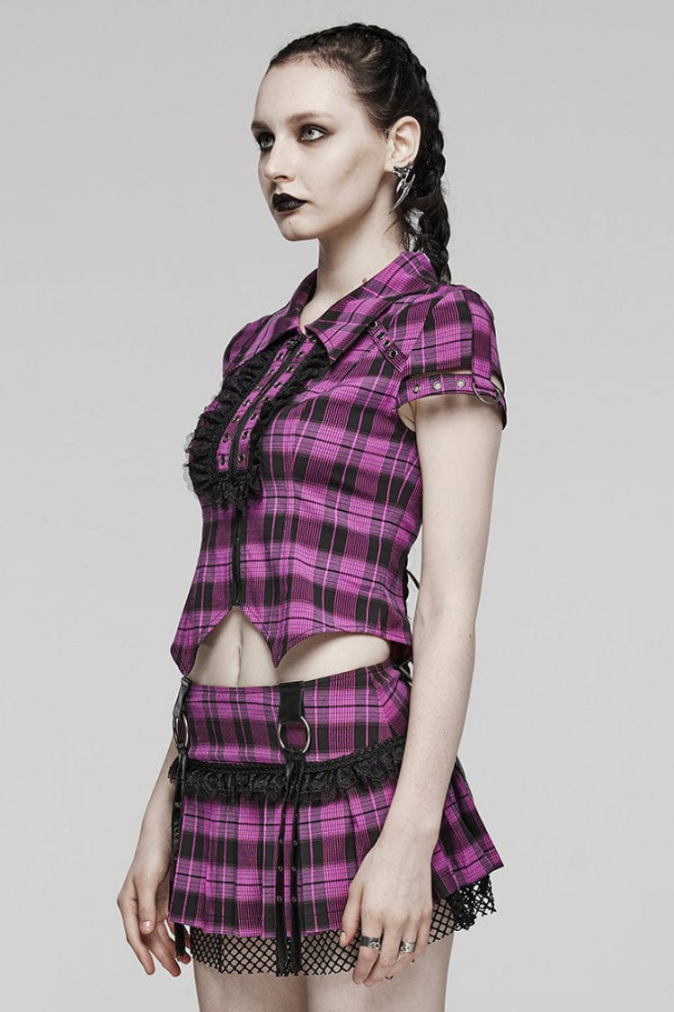 Women's Short Sleeves Plaid Print Hollow Lace Steampunk Blouse 2 Colors - Product - 2