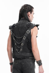 Black Stand Collar Sleeveless Rivets Chain Rings Men's Gothic Vest - Product - 7