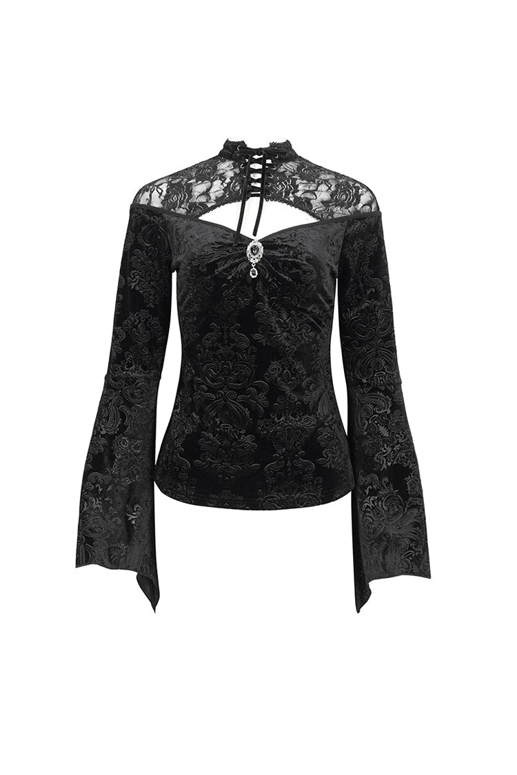 Black Lace Cutout Round Collar Flared Sleeved Floral Embossed Women's Gothic Shirt - Product - 9