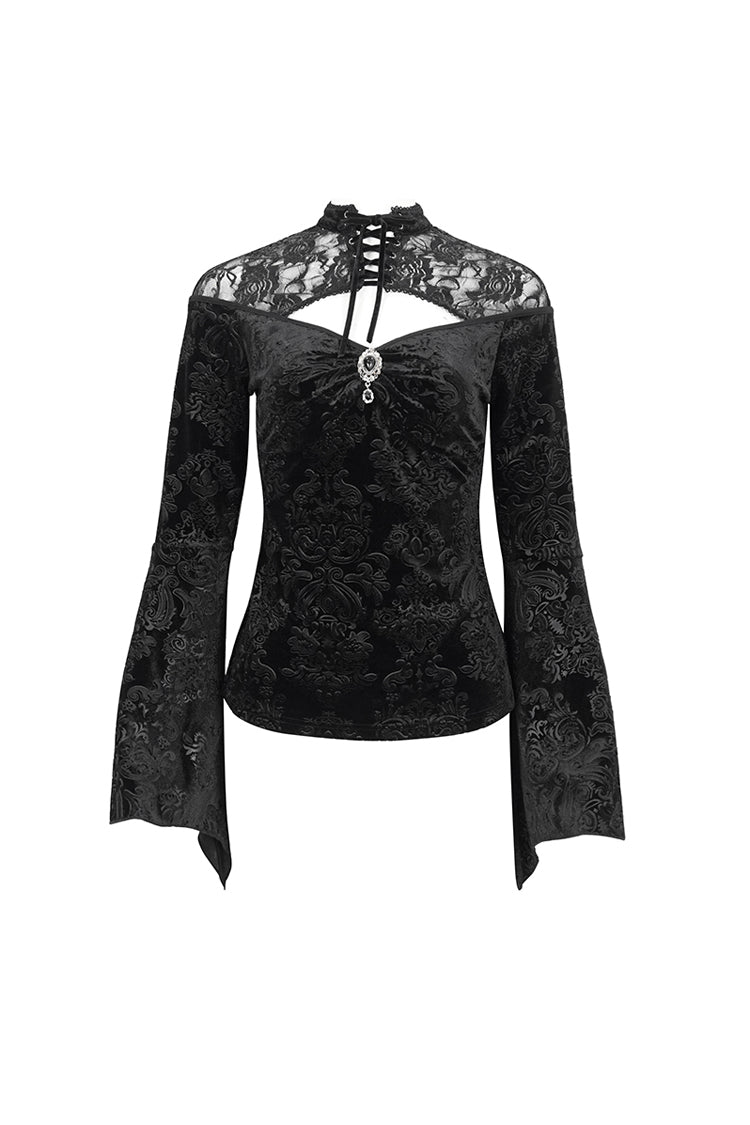 Black Lace Cutout Round Collar Flared Sleeved Floral Embossed Women's Gothic Shirt - Product - 9
