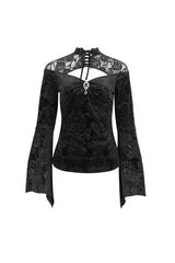 Black Lace Cutout Round Collar Flared Sleeved Floral Embossed Women's Gothic Shirt - Product - 9