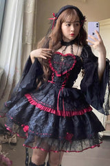 Black/Red Witch Vampire Rose Long Sleeves Print Ruffle Lace-Up Gothic Punk Lolita Dress - Black/Red - 1