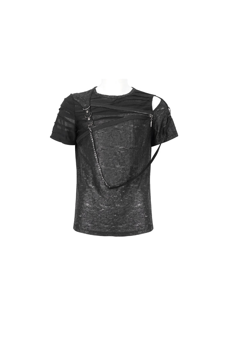 Black Left Off Shoulder Chest Zipper Embellished Men's Punk Short Sleeve - Product - 6