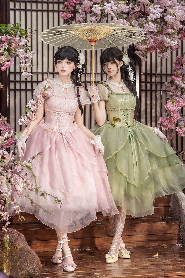 [Fragrance] Stand Collar Short Sleeves Multi-Layered Printed Ruffled Bow Lace Irregular Chinese Style Sweet Lolita Dress 2 Colors (Green, Pink) - Product - 4